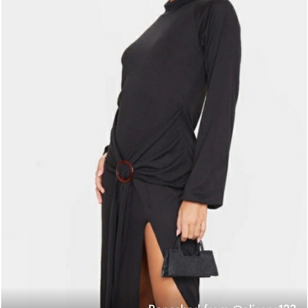 New Pretty Young Thing  Black Dress Long Sleeve ties at Waist w/Tortoise Ring